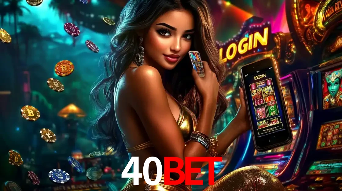 Mulher em um cenário de cassino temático de aventura, mostrando o app de caça-níqueis da 40BET no celular. Fichas de apostas flutuam ao redor.